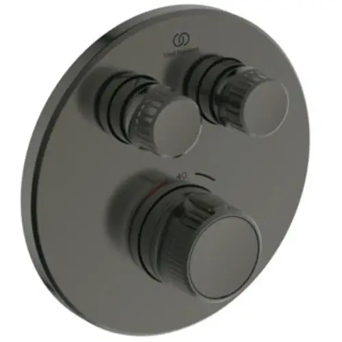 Brausethermostat in Rundform mit drei Bedienelementen in Magnetic Grey, versehen mit dem Logo von Ideal Standard.